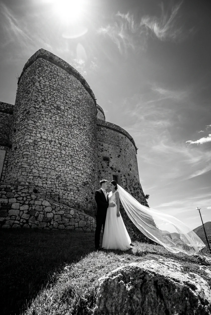 Sposi davanti al castello, fotografia di matrimonio in bianco e nero